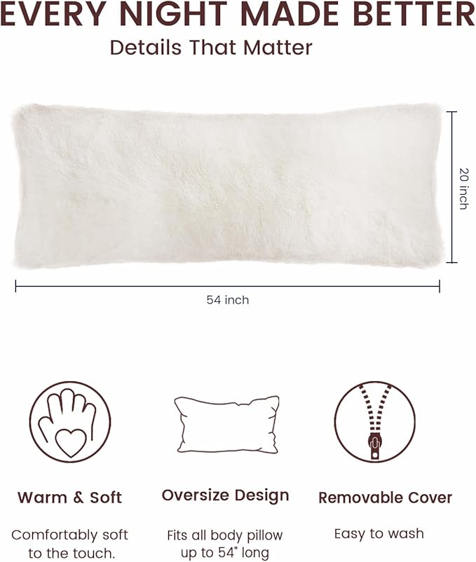 ZonLi Fuzzy Body Pillow Cover, 20 x 54 Pillowcase, Faux Fur Long Pillow Cover with Zipper, Fluffy Soft Plush Decorative Cases for Bed, White