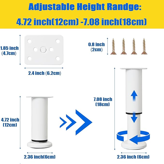 4PCS Adjustable Furniture Couch Cabinet Legs 4.72-7.48 Inch [with 18 PCS Screws], Heavy Duty Adjustable Height Replacement Legs for Dresser/Sofa/Bed/Chair, Legs for Furniture Set of 4 (White)