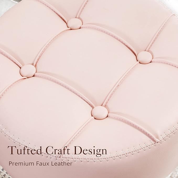 LUE BONA Adjustable Vanity Stool, 360°Swivel Vanity Chair for Makeup Room, Pink Stool Chair for Vanity, Small Faux Leather Vanity Stools for Bathroom, Living Room