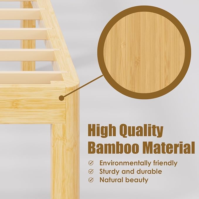 12 Inch High Bamboo Wood Full Size Bed Frame Platform, Metal Slat Support Bed Frame Full Size, No Box Spring Needed, Easy Assembly, Noise Free, Reinforced