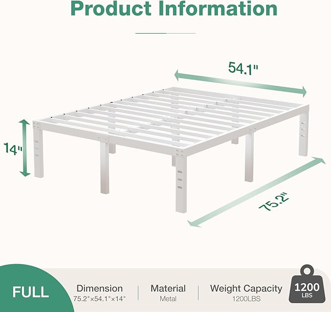 Novilla Full Size Bed Frame, 14 Inch Metal Platform Bed Frame Full Size with Storage Space Under Bed, Heavy Duty Steel Slat Support, Easy Assembly, No Box Spring Needed, White