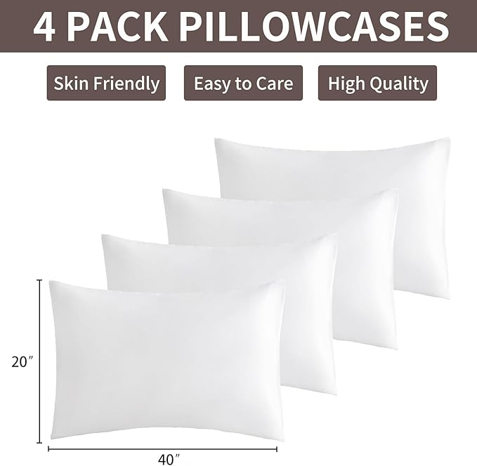 MINIPANDA White King Size Pillow Cases Set of 4 - Super Soft, Smooth and Breathable Pillow Cases King - Envelope Design - Machine Washable Lightweight (20X40 Inches (4 PIECE))