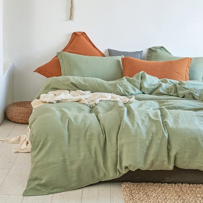 Simple&Opulence 100% Linen Duvet Cover Set 3pcs Basic Style Natural French Washed Flax Solid Color Soft Breathable Farmhouse Bedding with Button Closure - Sage Green, King