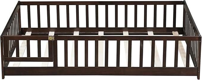 Bellemave Full Size Montessori Floor Bed Frame with Rails & Door, Solid Wood Kids Floor Bed Full with Removable Slats, Low Profile Montessori Bed for Children’s Sleep & Play, Espresso