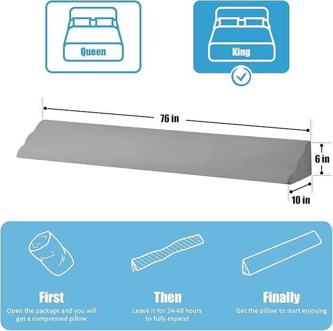 MEGCXIT King Bed Wedge Pillow for Headboard, 76"x10"x6", Bed Gap Filler, Headboard Pillow, Anti-Slip Gap Pillow with Side Pockets, Removable Cover, Grey