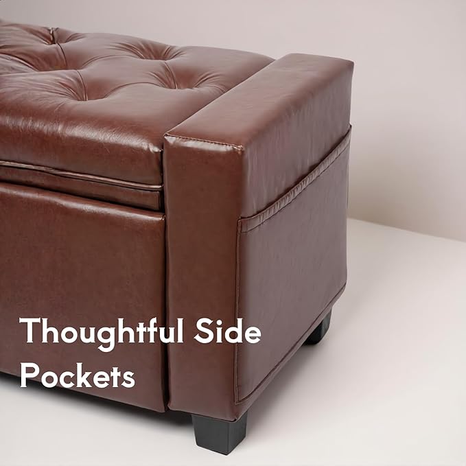 43.31'' Storage Ottoman Bench, Leather Upholstered Tufted Bedroom Bench with Storage, End of Bed Storage Bench for Living Room & Entryway, 350 lb Capacity, Leather Brown