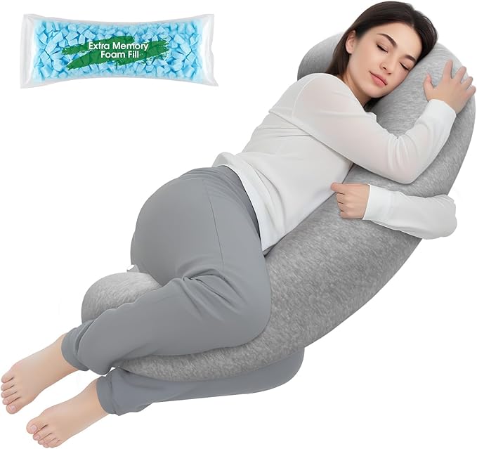 TranquilRelax C Shaped Body Pillow for Side Sleepers, Memory Foam Long Pillow for Leg, Hip & Back Support, Soft Washable Cover,Grey-35"*10"