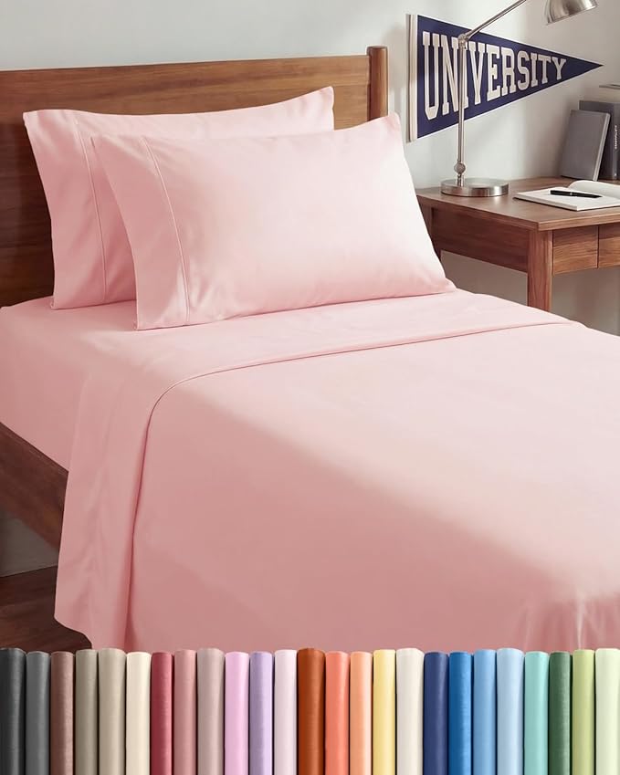 Twin XL 4 Piece Sheet Set - Comfy Breathable & Cooling - Hotel Luxury Bedding for Women, Men, Kids, Teens & Children - 1 Flat & 1 Fitted Sheet & 2 Pillowcases w/ Deep Pockets, Wrinkle Free - Baby Pink