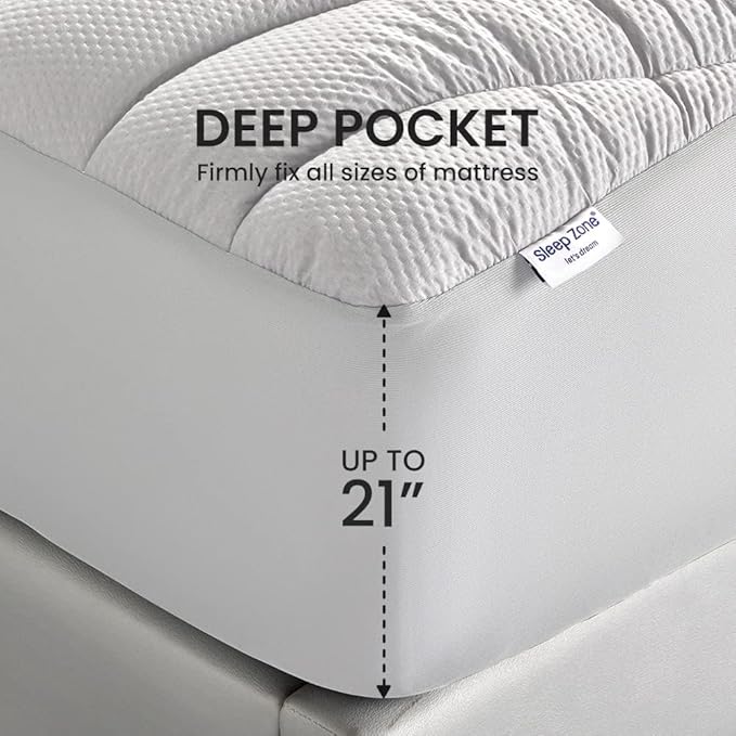 SLEEP ZONE King Size Cooling Mattress Pad, Premium Zoned Quilted Fitted Mattress Topper, Elastic Mattress Protector Cover, Machine Wash Durable, Deep Pocket 8-21 inch, Silver Grey, King