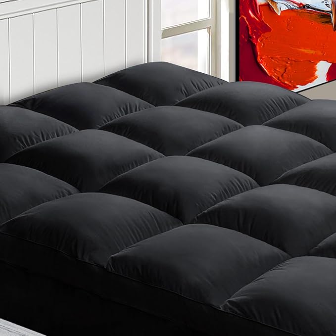 Mattress Topper Twin, Extra Thick Mattress Pad Cover, Plush Pillow Top, Deep Elastic Pocket, Black