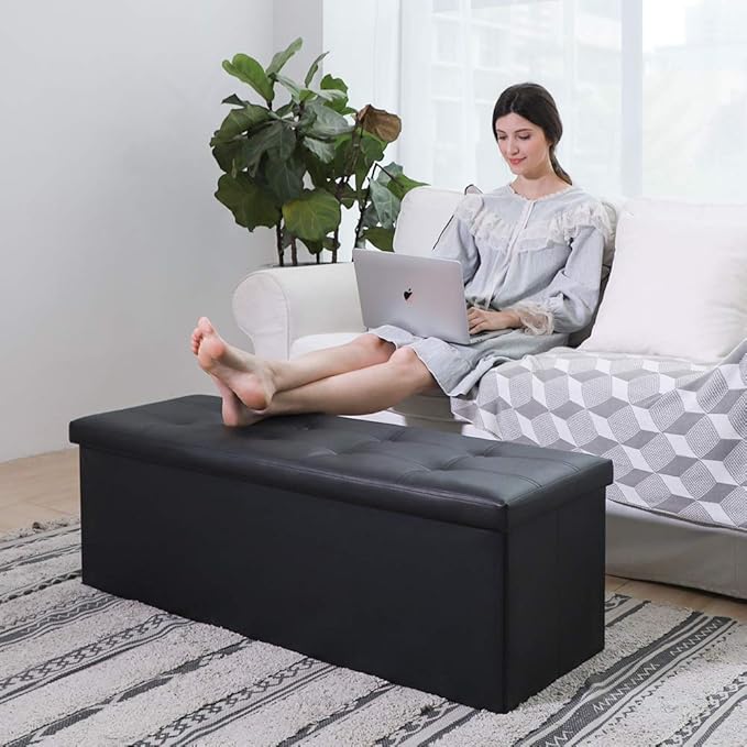 Camabel 43 Inch Folding Storage Ottoman Bench 125L Hold up 700lbs Ottoman with Storage Chest Foam Seat Padded Foot Rest Stool Faux Leather Bedroom Bench with Storage Coffee Table Black