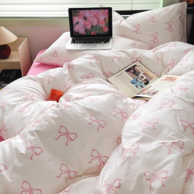 Nayoroom Pink Bow Duvet Cover Queen Size Polka Dot Bowknot Coquette Duvet Cover 3 Pieces Soft Lightweight Microfiber Girls Cute Aesthetic Dorm Bedding Set