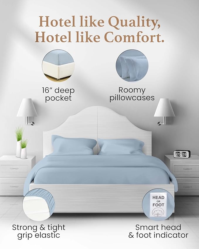 Good Sleep Bedding 100% Egyptian Cotton King Size Sheets Set, 4 Piece Silky Sateen Weave King Bed Sheets, Ultra-Soft & Durable Hotel Luxury, 16" King Size Sheets Deep Pocket Set - Light Blue