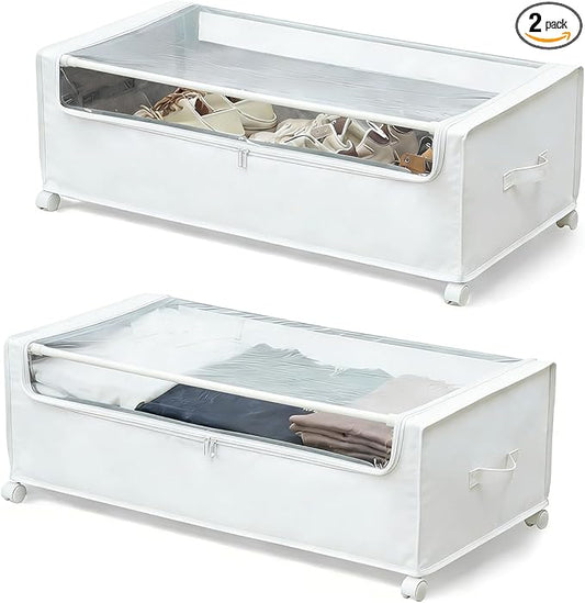FOUCSSOMEI Under Bed Storage with Wheels, Rolling Under bed Storage with Metal Frame, Under Bed Shoe Storage for Space Saving, Zippered Clear Lid, Heavy-Duty Steel Base for Clothes, White