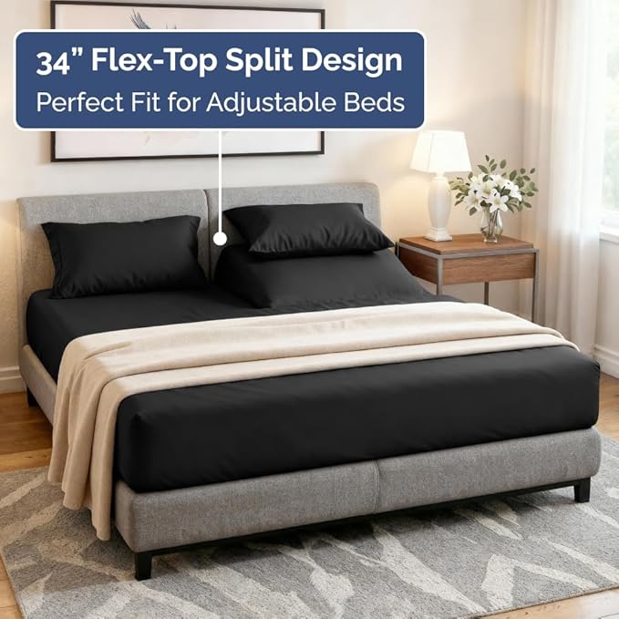 Flex Top Split Head King 4 Piece Sheet Set - Ultra-Soft, Breathable & Cooling Bed Sheets Set - Hotel Luxury Bedding for Women & Men with Deep Pockets - Wrinkle Free & Fade Resistant - Oeko-Tex - Black