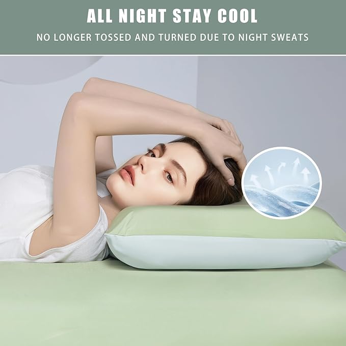TELUS Cooling Pillowcases for Hot Sleeper King Size 2-Pack, Silky Soft Breathable Pillow Case with Envelope Close, Stay Cool Pillow Cover for Night Sweats, 20x36 Inch, Green