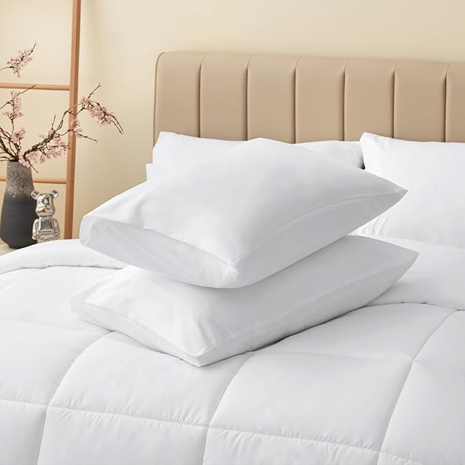 CozyLux Queen Comforter Set White, 7 Pieces Bed in a Bag, White Comforter Queen Size, All Season Bedding Sets with Stitch Quilted Comforter, Flat Sheet, Fitted Sheet, Pillowcases