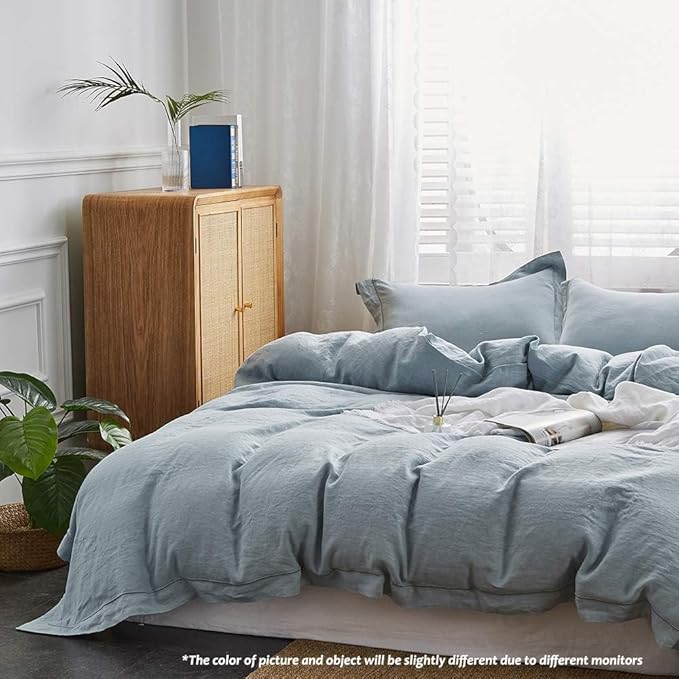 Simple&Opulence 100% Linen Duvet Cover Set with Embroidery Border Washed - 3 Pieces (1 Duvet Cover & 2 Pillow Shams) with Button Closure Soft Breathable Farmhouse - Dusty Blue, Full Size