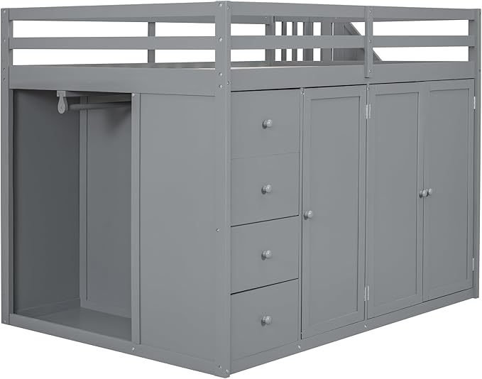 LUMISOL Full Size Loft Bed with Built-in Wardrobes and Drawers, Wood Loft Bed with Storage Stairs and Cabinet, Wood Loft Bed with Multiple Storage, Gray