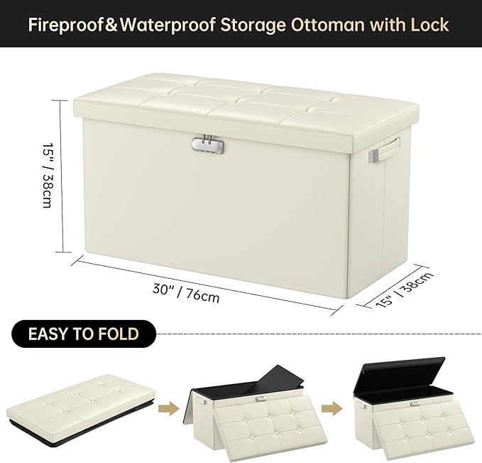 DocSafe Storage Ottoman Bench with Lock,Fireproof 30 Inches Folding Bench Foot Rest Stool Storage Chest Safe for Living Room,Bedroom,Home Office,Waterproof Leather Ottoman with Handles,Beige