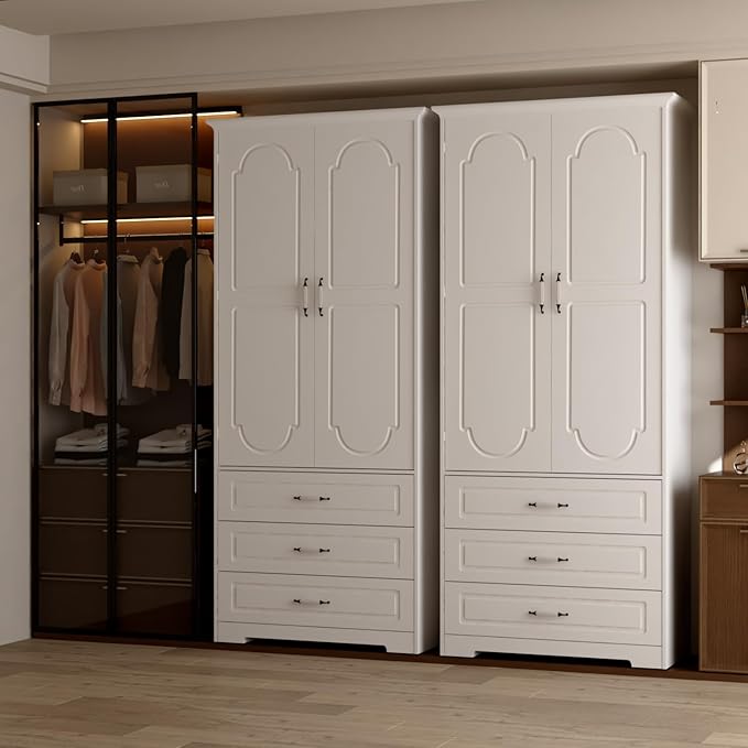 FJTJBSI Armoire Wardrobe Closet with 3 Drawers and LED Light 72" Wooden Bedroom Armoire with 2 Doors and Retro Ceramic Door Handles Modern Wardrobe Cabinet with Removable Hanging Rod White