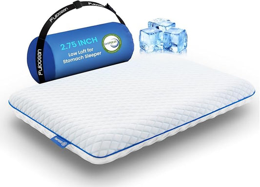 Ultra Slim Cooling Pillow for Stomach and Back Sleepers 2.75 Inch, Support Gel Memory Foam Pillow for Neck Shoulder Pain Relief, Low Loft Thin Flat Bed Pillow for Sleeping Standard Size, Travel Kids