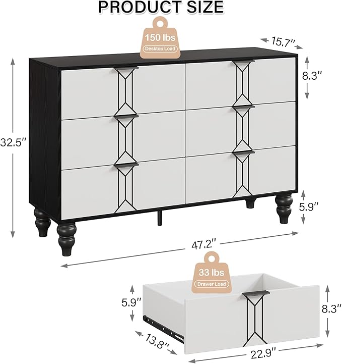 IDEALHOUSE Modern Wooden 6 Drawer Dresser with Vintage Pattern Design, Chest Dresser with Deep Drawers for Bedroom, Living Room and Entryway, Black and White