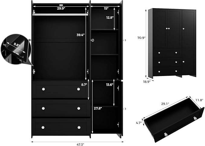 VOWNER Armoire Wardrobe Closet with Drawers and Mirror, 71" Clothing Storage Cabinet with Hanging Rod, 4 Doors Wooden Wardrobe Cabinet for Bedroom, Large Capacity Storage