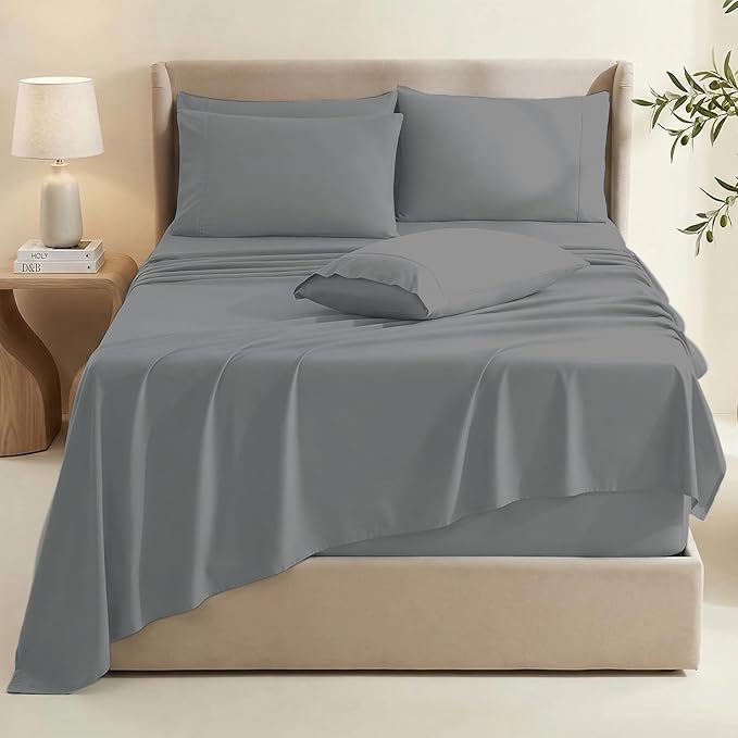 Hearth & Harbor Bed Sheets, Luxury Soft 6 Piece Bed Sheet Set Extra Deep Pocket Fitted Sheets Fits Mattress up to 21", Double Brushed Bedding Sheets & Pillowcases, Twin, Frost Gray