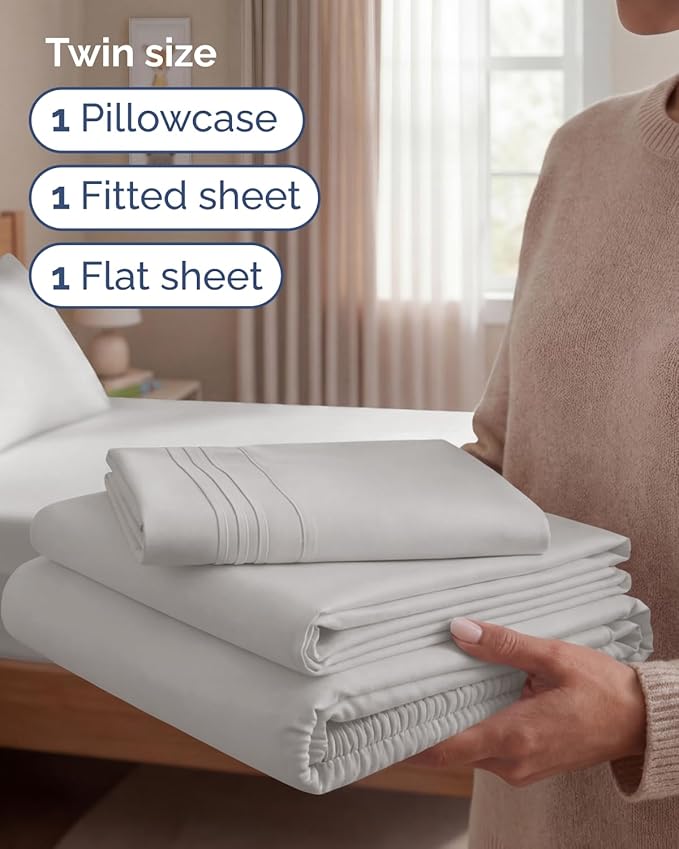 Twin Size 3 Piece Sheet Set - Comfy Breathable & Cooling Sheets - Hotel Luxury Bed Sheets for Women & Men - Deep Pockets, Easy-Fit, Soft and Wrinkle Free Sheets - French Grey Oeko-Tex Bed Sheet Set