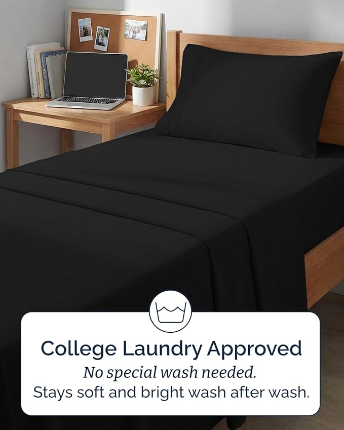 Twin XL 4 Piece Sheet Set - Comfy, Breathable & Cooling - Hotel Luxury Bedding for Women, Men, Kids, Teens and Children - 1 Flat & 1 Fitted Sheet & 2 Pillowcases w/ Deep Pockets - Wrinkle Free - Black