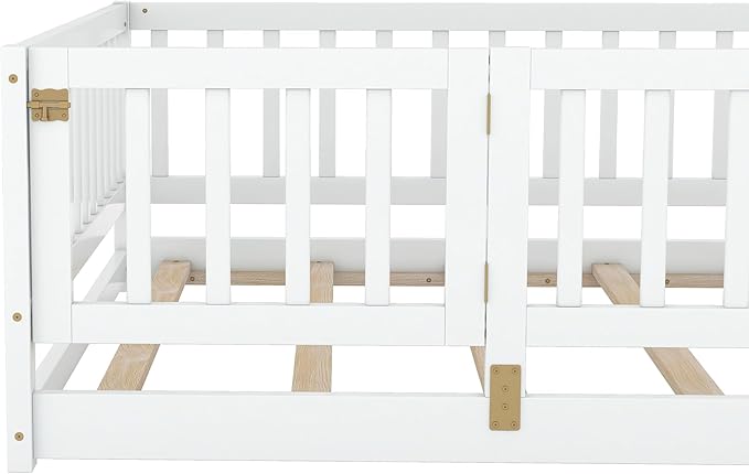 Bellemave Twin Size Montessori Floor Bed with 21.5" High Rails and Slats, Pine,Plywood Floor Bed with Small Door, Natural