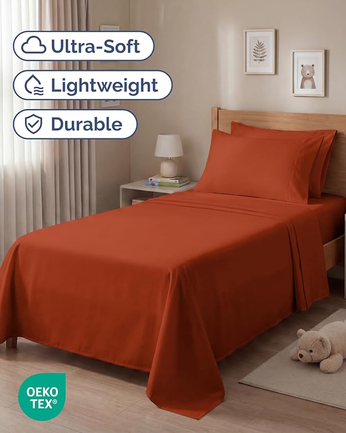 Twin 4 Piece Sheet Set - Comfy, Breathable & Cooling - Hotel Luxury Bedding for Women, Men, Kids, Teens & Children - 1 Flat & 1 Fitted Sheet & 2 Pillowcases w/ Deep Pockets - Wrinkle Free - Terracotta