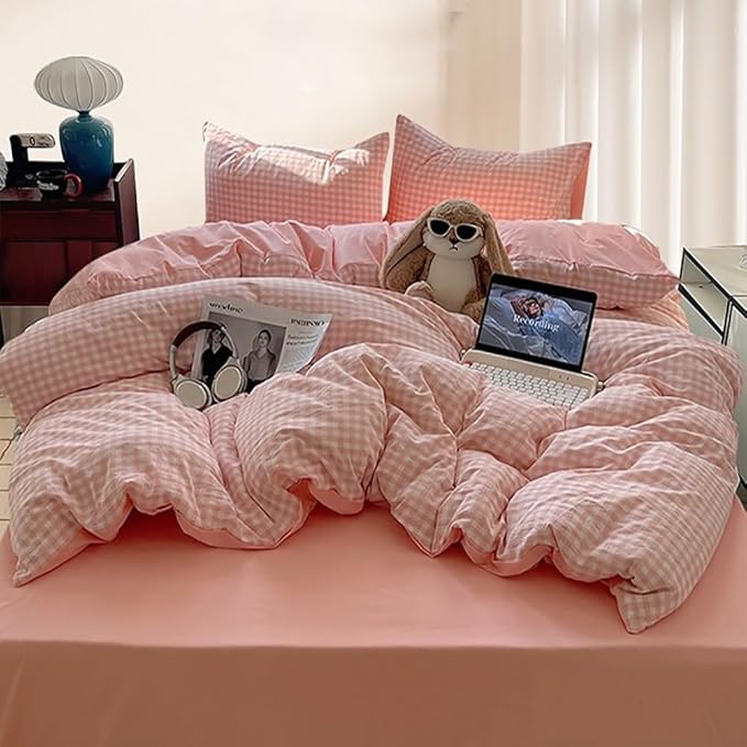 Nayoroom Gingham Duvet Cover King Size Reversible Pink Plaid Checkered Duvet Cover 3 Pieces Soft Breathable Washed Microfiber Girls Dorm Bedding Set for All Seasons