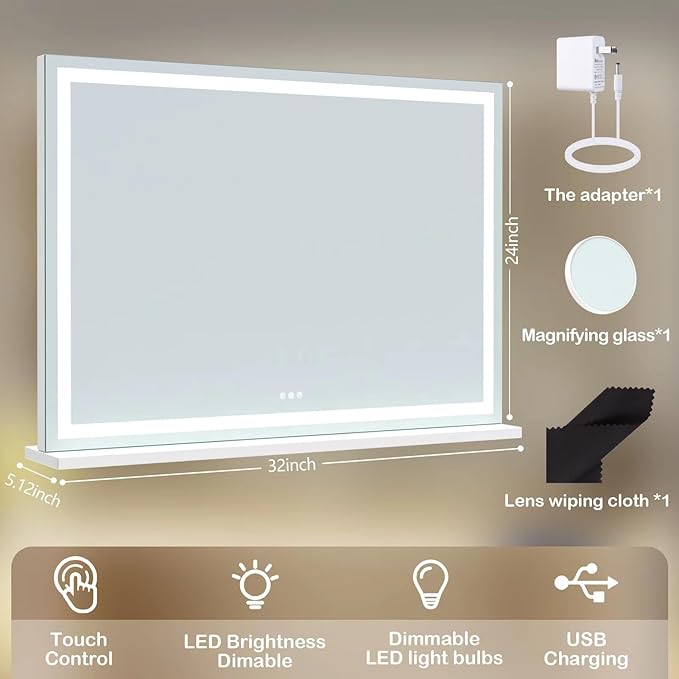 Gvnkvn Makeup Vanity Mirror with Lights 32" x 24" Large LED Makeup Mirror, Light up Mirror with 10X Magnification and USB Charging Port, Dimmable 3 Modes, Touch Screen Control Square Corner