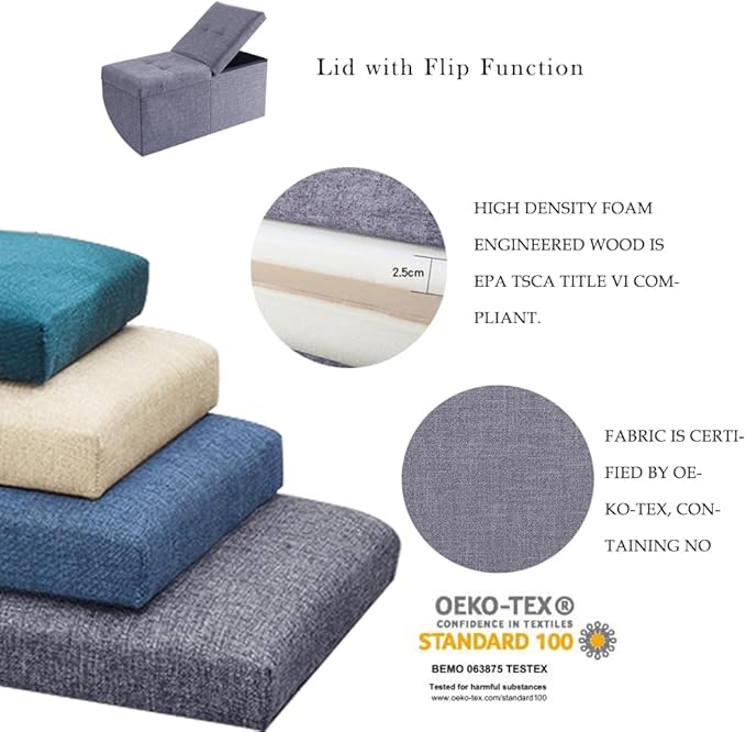 Storage Ottoman Bench Foldable Seat Footrest Shoe Bench End of Bed Storage with Flipping Lid, 75L Storage Space, 30 inches Linen Fabric Dark Grey