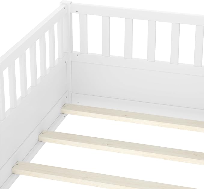 Bellemave Twin Size Floor Bed with High Fence, Wood Montessori Bed with Slats and Guardrails, Montessori Floor Beds Frame for Kids, Girls, Boys, White