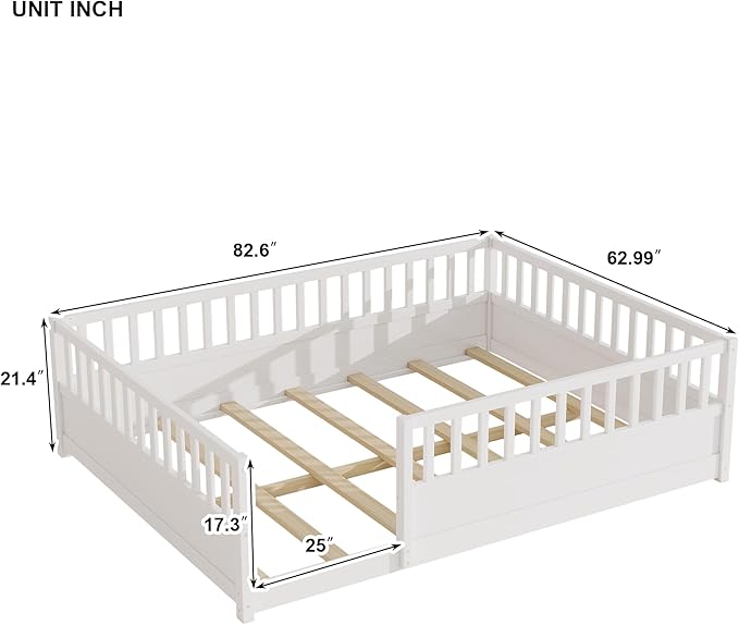 Bellemave Queen Floor Bed with high Fence, Solid Pine Wood Montessori Bed for Kids Girls Boys Floor Bed Frame, White with slats