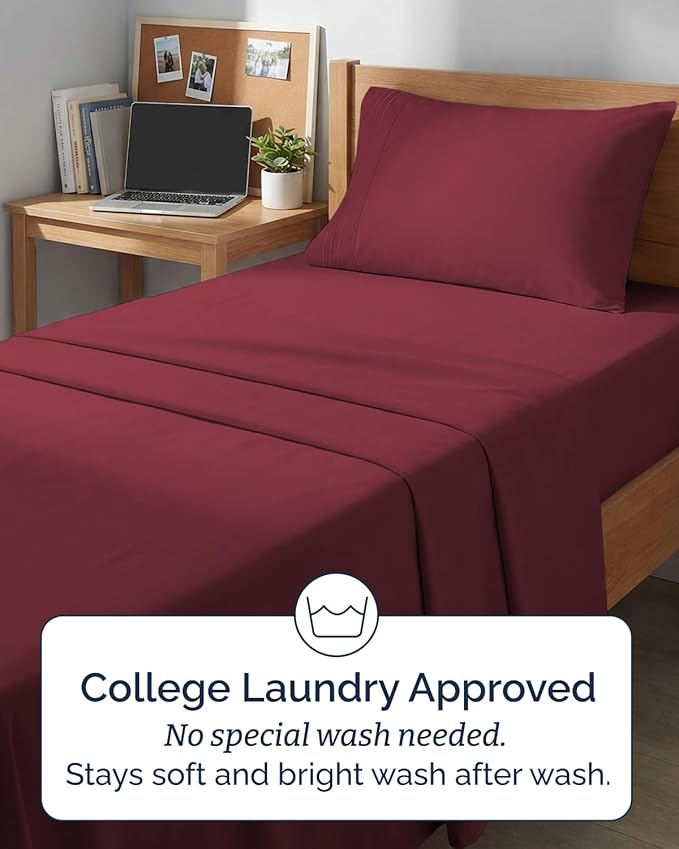 Twin XL 4 Piece Sheet Set - Comfy Breathable & Cooling - Hotel Luxury Bedding for Women, Men, Kids, Teens & Children - 1 Flat & 1 Fitted Sheet & 2 Pillowcases w/ Deep Pockets - Wrinkle Free - Burgundy