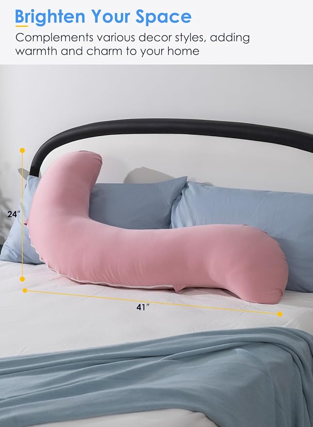 QUEEN ROSE Cooling Body Pillow, Full Body Support Pillow for Side Sleepers, Soft S Shaped Hug Pillow for Adults, Pink