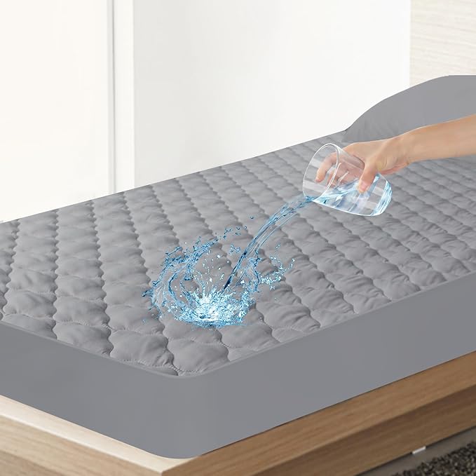 Twin Mattress Protector Pad Waterproof Quilted, Breathable & Cooling Twin Size Mattress Cover Fitted for Kids with Deep Pocket Up to 14" for Single Bed, 2 Pack (Gray)