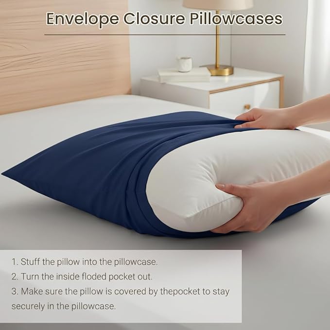 Brushed Microfiber Pillow Cases Standard Size Pillow Case-Envelope Closure Pillowcases Standard Set of 2,Cooling & Moisture Wicking,Wrinkle Resistant Bed Pillowcases 20" X 26"(Standard,Navy Blue)