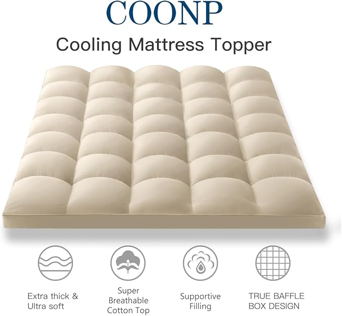 COONP Queen Mattress Topper, Extra Thick Pillowtop, Cooling Plush Mattress Pad Cover Bed Topper Protector with 8-21 Inch Deep Pocket (Beige, Queen)