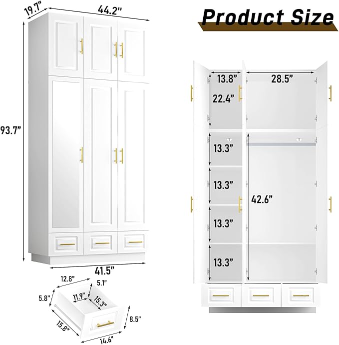 Hlivelood Large Armoire Wardrobe Closet Cabinet with Drawers and LED Lights, Multi-Tier Shelves, Hanging Rod, Large Capacity Storage 3 Door Wardrobe Armoire with Top Cabinet for Bedroom, White