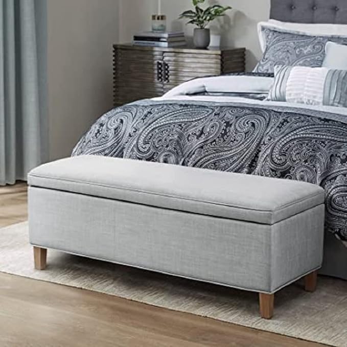 Martha Stewart Caymus Rectangular Storage Ottoman Bench, Upholstered Textured Fabric, Soft Hinge, Pipped Edges with Solid Wood Legs, Accent Furniture for Bedroom Décor, Easy to Assemble - Light Grey