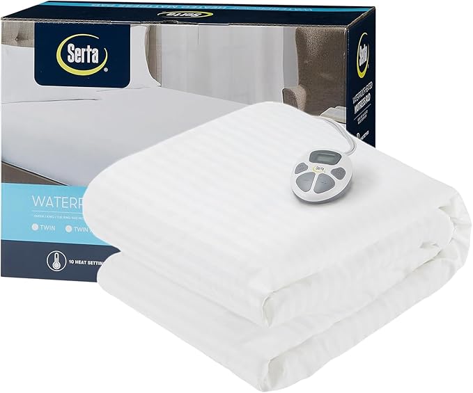 Serta Waterproof Heated Mattress Pad - Electric Bed Warmer with 10 Heat Settings, Auto Shut Off Timer, ETL Certified Electric Mattress Pad, Elastic Deep Pocket, Machine Washable, White Twin