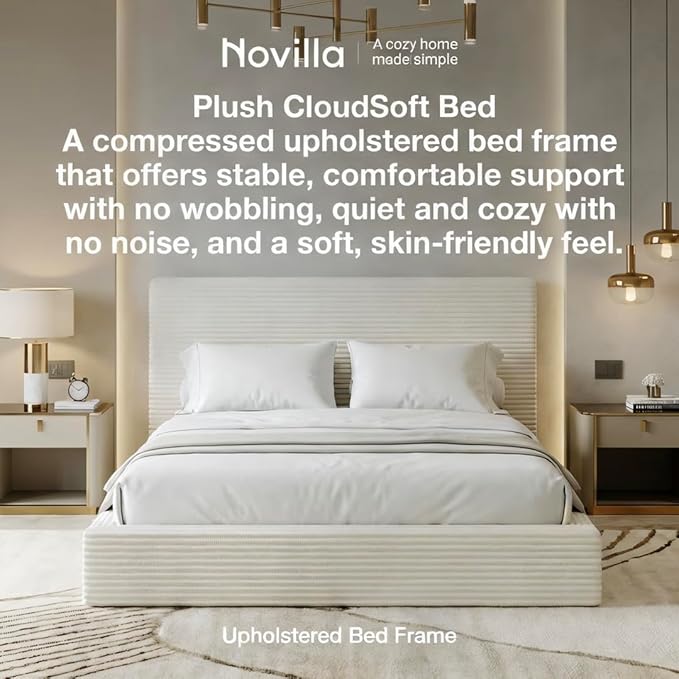 Novilla Queen Size Bed Frame, Plush CloudSoft Bed, Corduroy Upholstered Platform Bed Frame with Headboard, Easy Assembly, No Box Spring Needed, Modern Soft Bed Frame, White