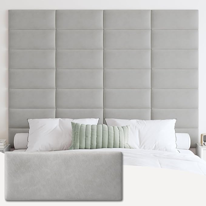 IFNOW Wall Mounted Upholstered Headboard King, 3D Peel and Stick Soundproof Panels, Reusable and Removable Padded Leather Bed Headboard, 12 Panels 9.84" x 23.62", Light Grey