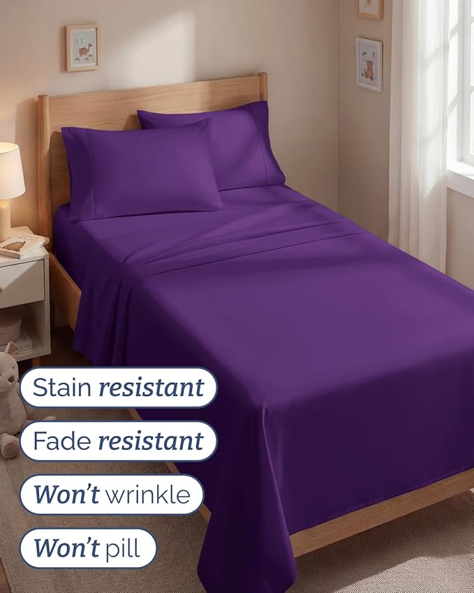 Twin 4 Piece Sheet Set - Comfy, Breathable & Cooling - Hotel Luxury Bedding for Women, Men, Kids, Teens and Children - 1 Flat & 1 Fitted Sheet & 2 Pillowcases w/ Deep Pockets - Wrinkle Free - Purple