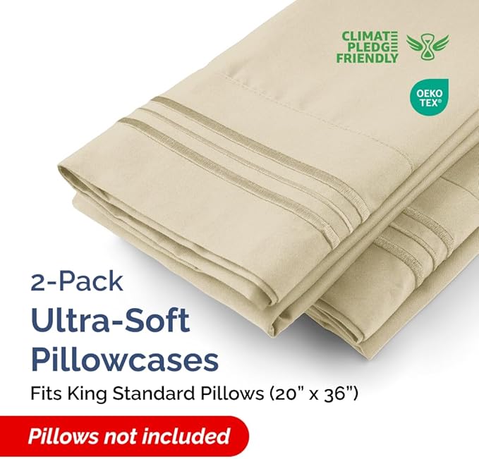 King Standard Pillow Cases Set of 2 - Ultra-Soft Hotel Quality Pillowcase Covers - Comfy, Cozy & Fade Free - Wrinkle Resistant - Machine Washable Pillow Protectors - 2 Piece Set - King Standard Cream